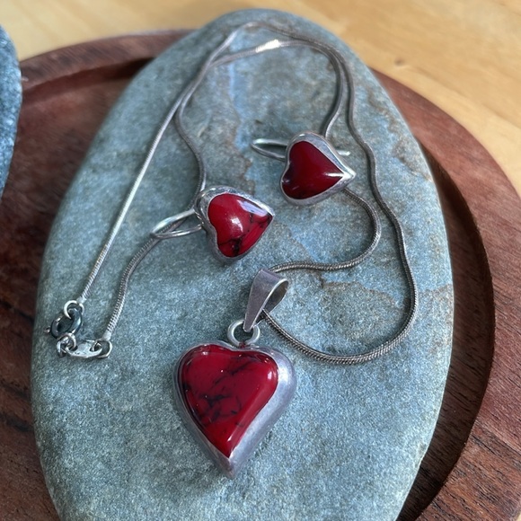 Red Heart Jasper Sterling Earrings and Necklace Mexico - Picture 12 of 12